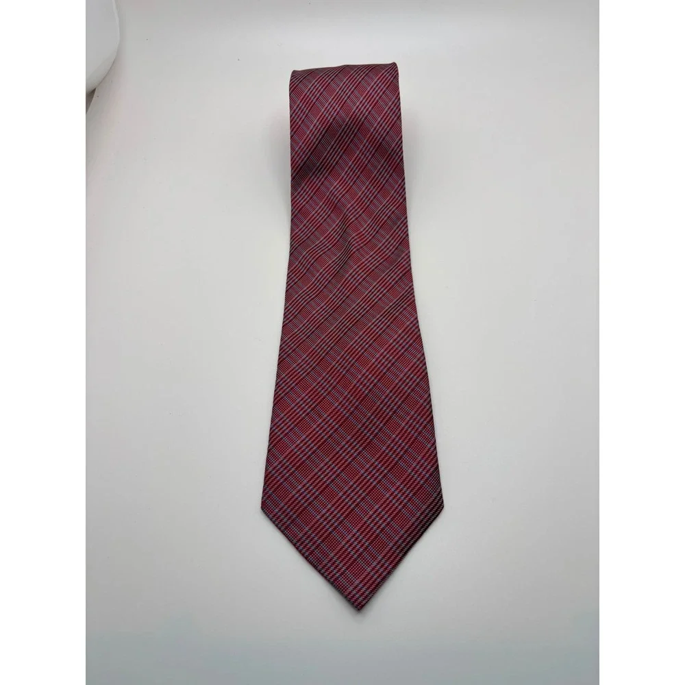 Nautica Mens Red Blue Plaid Textured Silk Blend Necktie Formal Business Tie